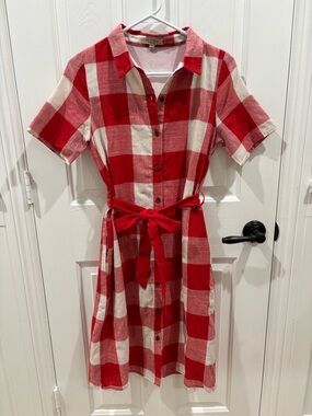Polagram Red and White Check Midi Shirt Dress with Tie Belt & Pockets